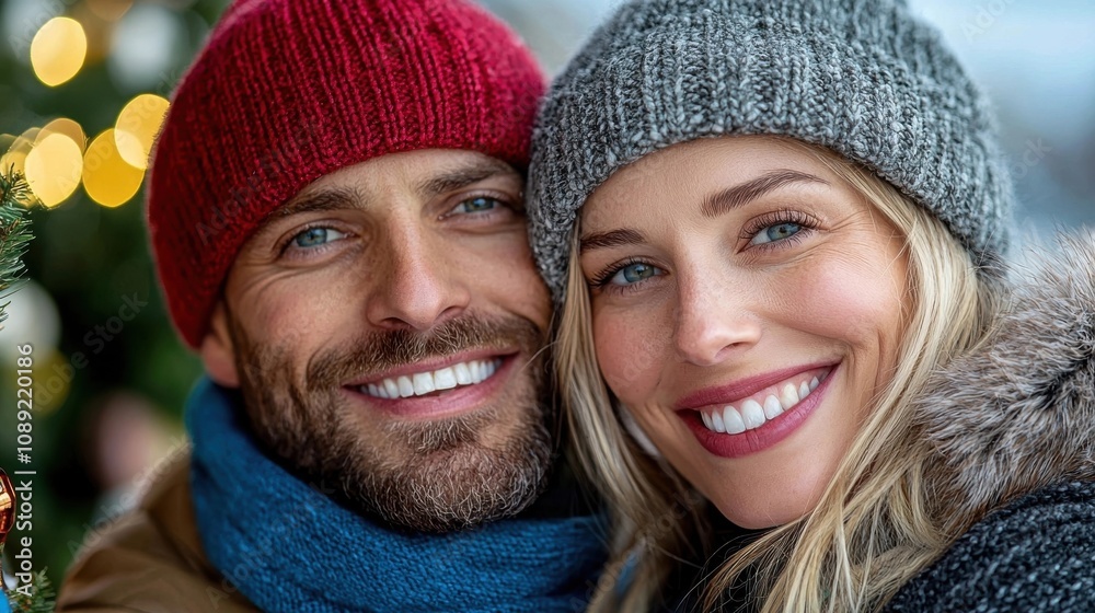 Cheerful couple enjoying a romantic moment together while embracing in a beautiful snowy winter outdoor setting with festive holiday atmosphere and cozy happy expressions Cheerful couple enjoying a romantic moment together while embracing in a beautiful snowy winter outdoor setting with festive holiday atmosphere and cozy happy expressions