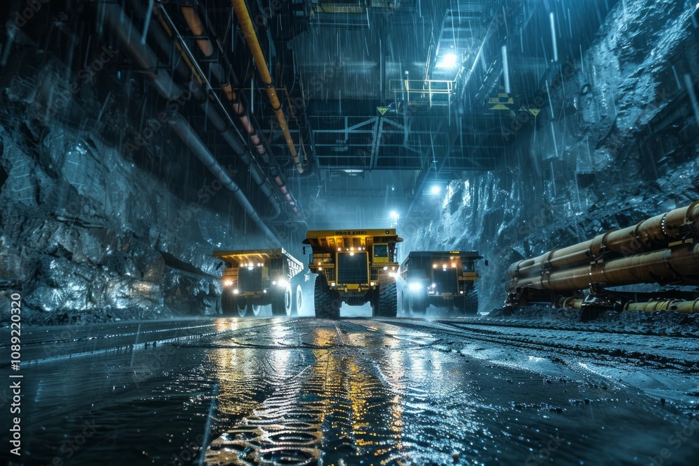 Pit mine industry, big yellow mining truck for coal anthracite in rainy mine background. Neural network ai generated art Pit mine industry, big yellow mining truck for coal anthracite in rainy mine background. Neural network ai generated art