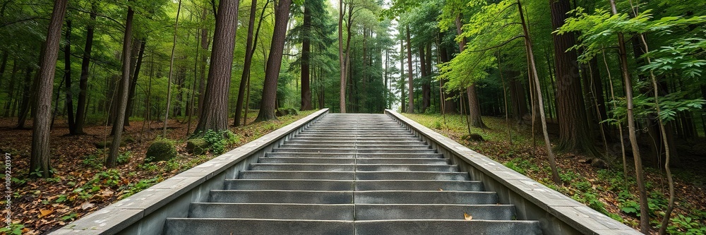 Fototapeta premium Stairway leading to a serene forest glade, greenery, tree, forest