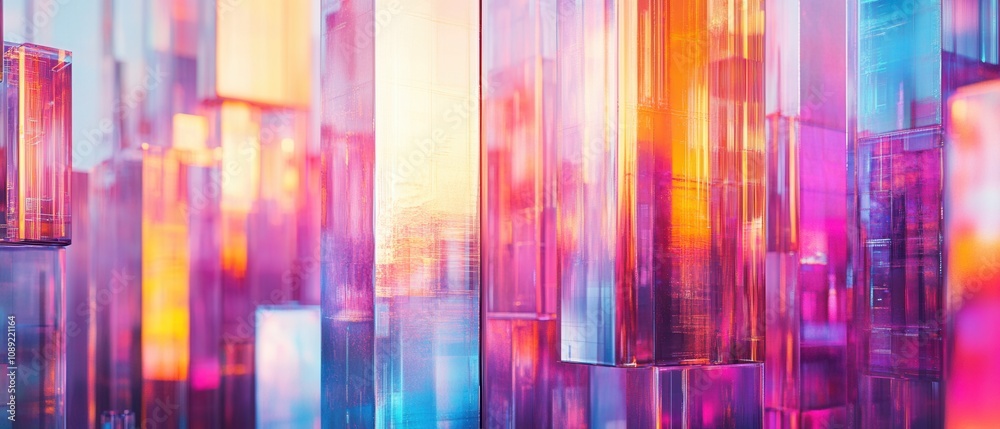 Vibrant abstract structure of colorful glass blocks illuminated by soft light in a modern setting Vibrant abstract structure of colorful glass blocks illuminated by soft light in a modern setting