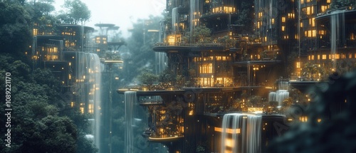 Cascading waterfalls and lush greenery surround futuristic buildings in a serene urban landscape