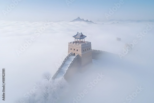 The Great Wall of China Covered in Heavy Snow – Winter Wonderland, Iconic Landmark, and Scenic Seasonal Landscape photo