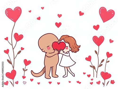 cartoon of a dog and a girl hugging each other in a field of hearts. photo