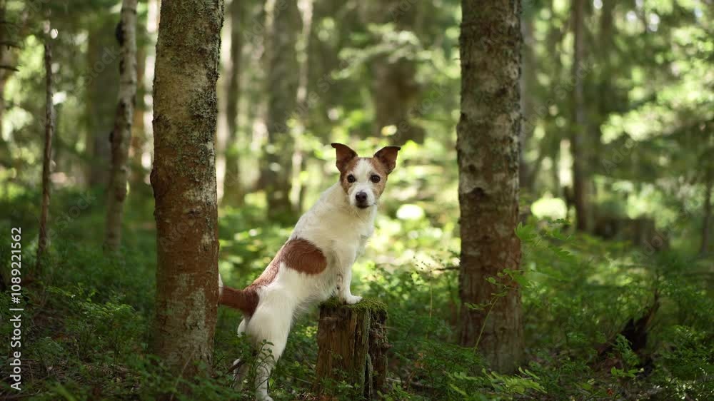 A Jack Russell Terrier stands in a quiet forest surrounded by trees and lush vegetation. The dog posture and the green surroundings create a peaceful, natural atmosphere. A Jack Russell Terrier stands in a quiet forest surrounded by trees and lush vegetation. The dog posture and the green surroundings create a peaceful, natural atmosphere.