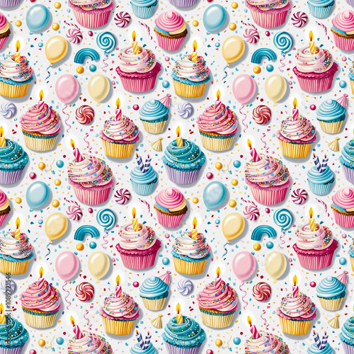 Vibrant seamless birthday pattern featuring colorful cupcakes, sprinkles, and balloons