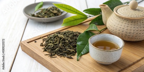 Tea leaves and tea vessel side by side on a wooden table, wooden cutting board, stone tea scoop, green plants, tea leaf shapes, peaceful atmosphere photo