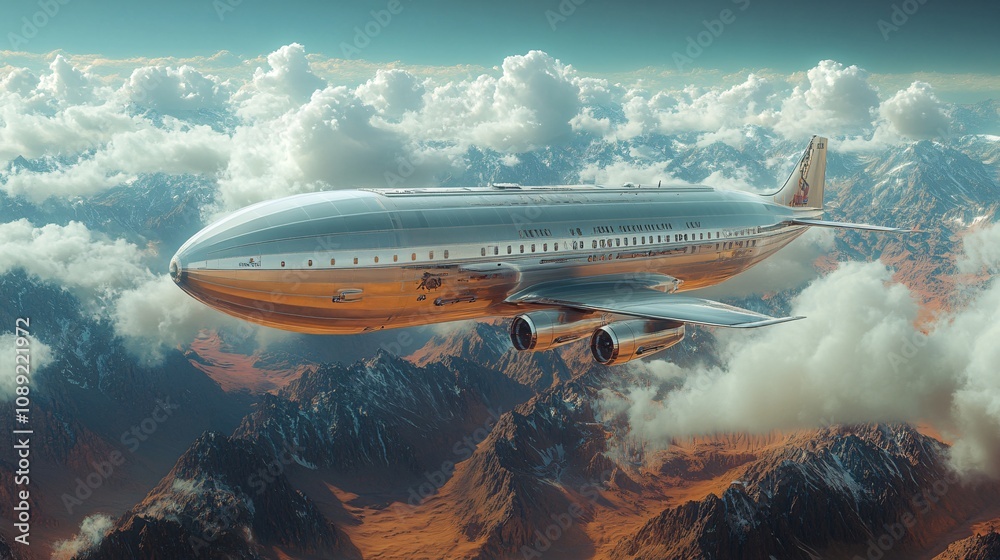 a massive sleek and modern luxury flying zeppelin flying above the vast mountainous deserts a massive sleek and modern luxury flying zeppelin flying above the vast mountainous deserts