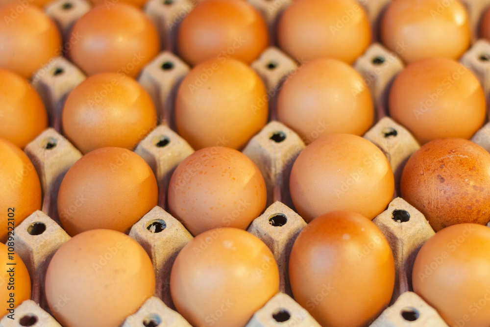 Eggs in trays are placed in grocery stores or grocery stores. The fact that eggs are in trays allows for transportation and inspection to check the composition of the eggs. Eggs in trays are placed in grocery stores or grocery stores. The fact that eggs are in trays allows for transportation and inspection to check the composition of the eggs.