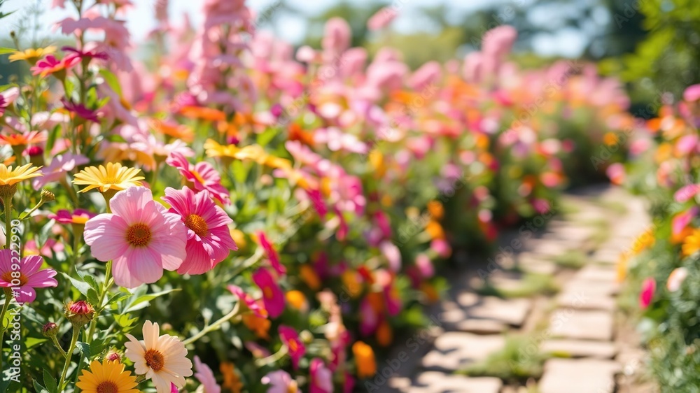 Fototapeta premium Vibrant blooming flowers on a sunny garden path, landscape, charm, spring
