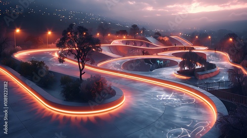 A futuristic skate park with bioluminescent ramps and holographic trick indicators promoting extreme sports  photo