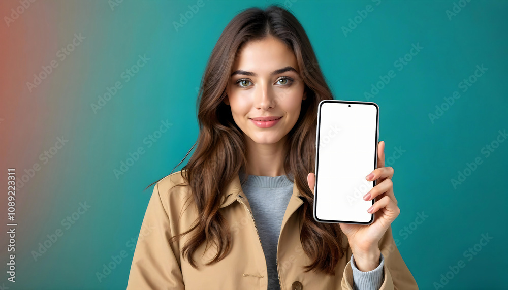 Naklejka premium Smiling Woman Holding Smartphone with Blank Display – Teal Gradient Background for Creative Mobile App Mockups