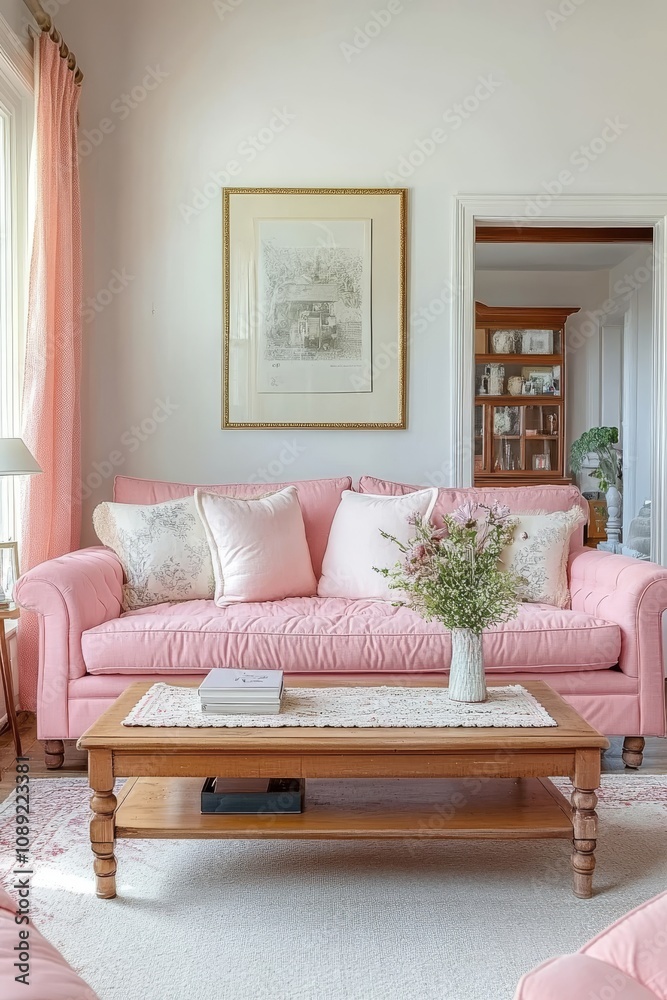 Fototapeta premium A Cozy Pink Living Room that Features Inviting Decor and a Warm, Welcoming Ambience