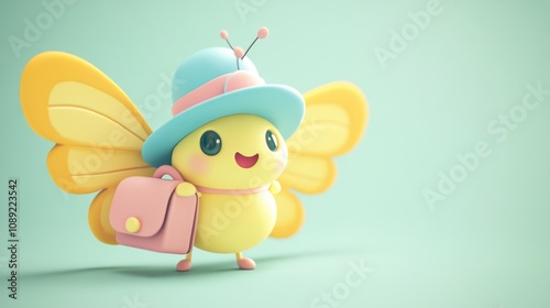 A cheerful cartoon butterfly character wearing a hat and carrying a bag.