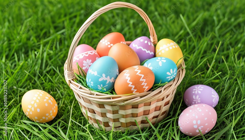 Colorful easter eggs in a basket on fresh green grass Colorful easter eggs in a basket on fresh green grass