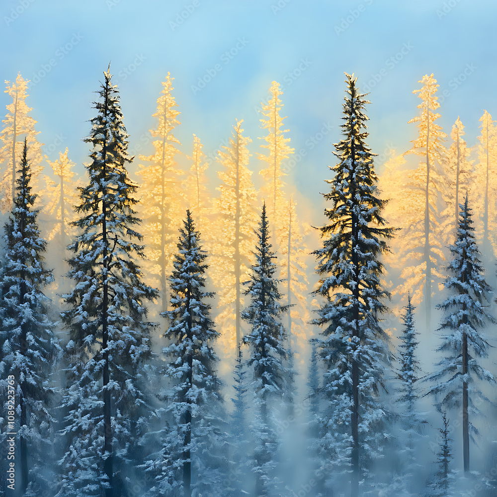 Serene Winter Landscape with Snow-Covered Pine Trees Reaching Towards a Golden Sunrise in a Foggy Forest Setting Serene Winter Landscape with Snow-Covered Pine Trees Reaching Towards a Golden Sunrise in a Foggy Forest Setting