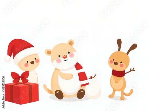 there are three cartoon animals and a dog with santa hats.