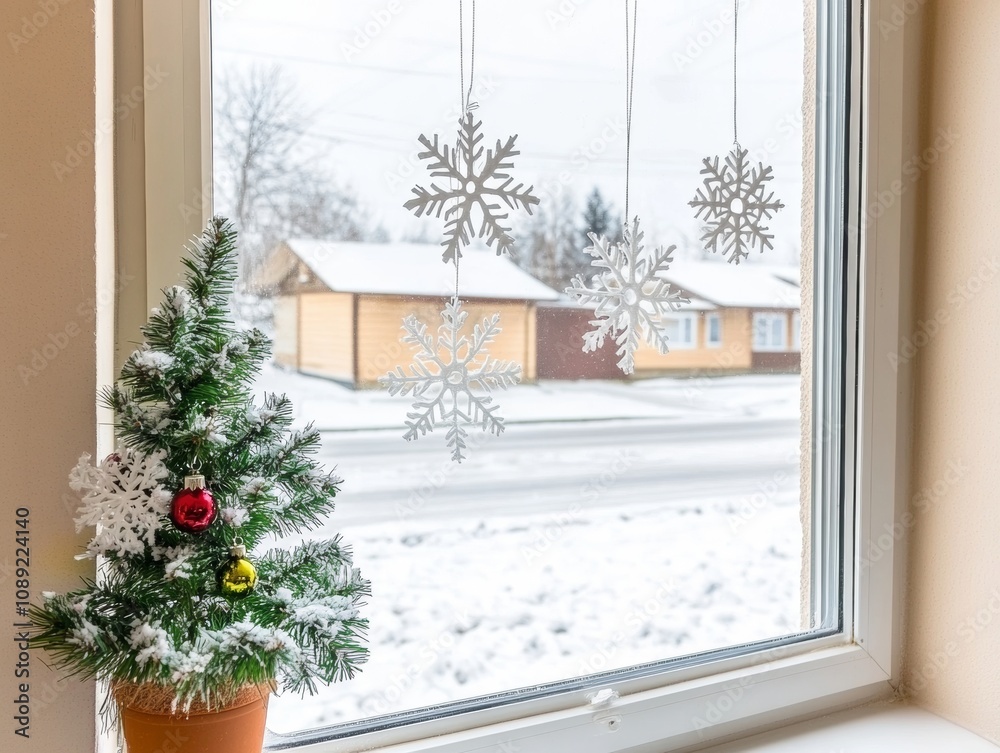 Cozy Christmas window scene from inside snowflakes on glass Cozy Christmas window scene from inside snowflakes on glass
