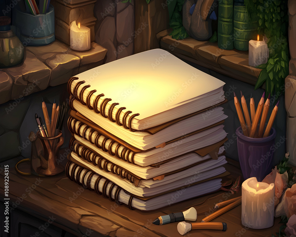 Stack of notebooks on a wooden table in a cozy, artistic space, illuminated by candlelight. Stack of notebooks on a wooden table in a cozy, artistic space, illuminated by candlelight.