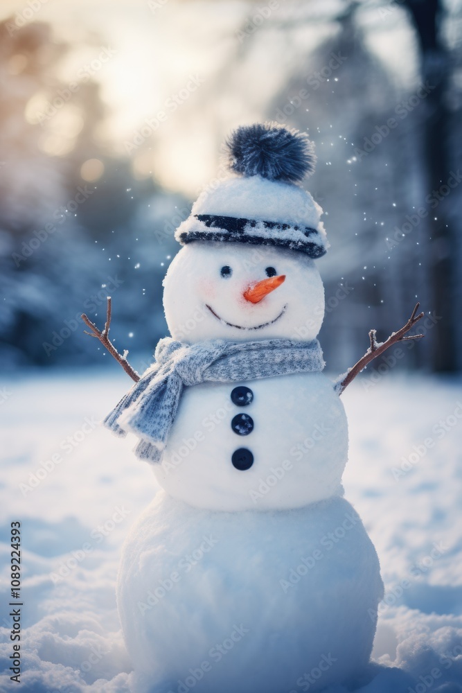photograph of A happy wool snowman is riding in the snow. During the Christmas season photograph of A happy wool snowman is riding in the snow. During the Christmas season
