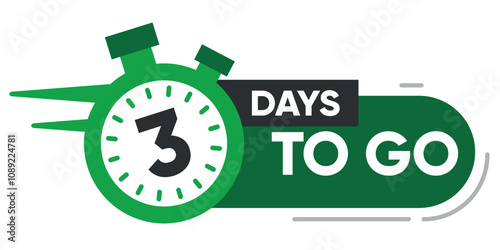 Green stopwatch icon with "3 days to go" text. Countdown timer design for promotions