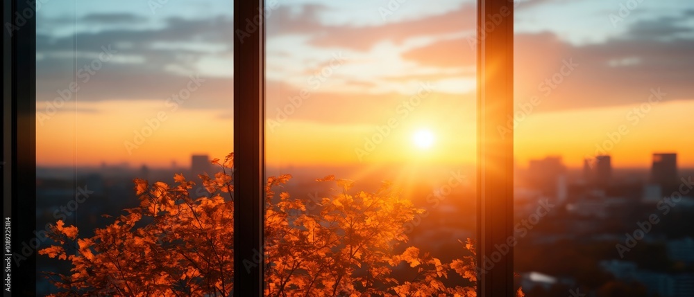 beautiful sunset view through a window with autumn foliage beautiful sunset view through a window with autumn foliage