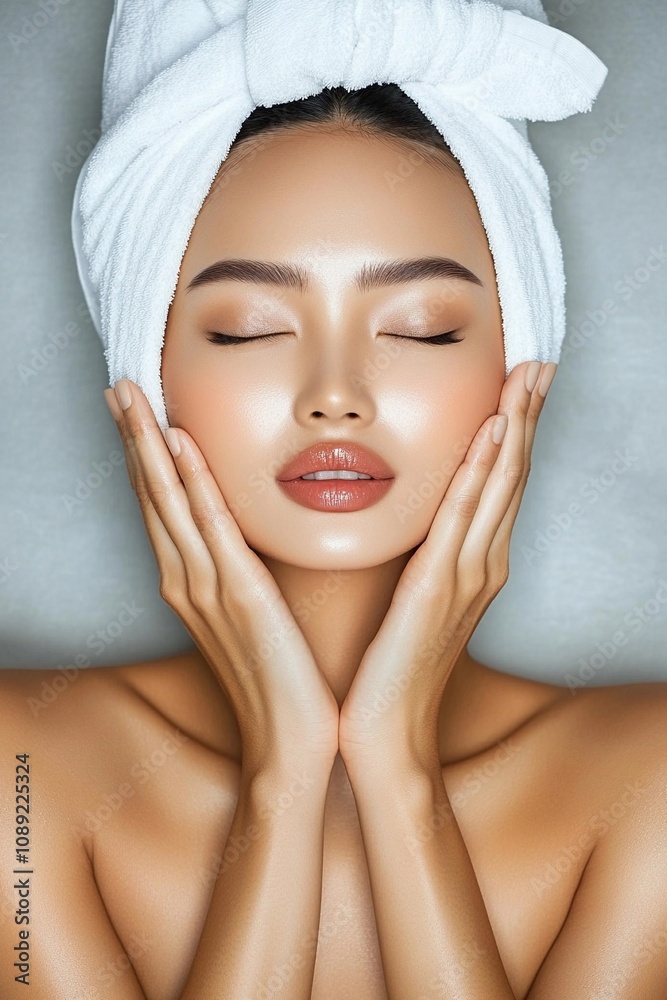 Beautiful asian woman girl gives herself a relaxing facial massage. Beauty routine, spa and skincare concept. Close-up portrait for poster, banner, commercial Beautiful asian woman girl gives herself a relaxing facial massage. Beauty routine, spa and skincare concept. Close-up portrait for poster, banner, commercial