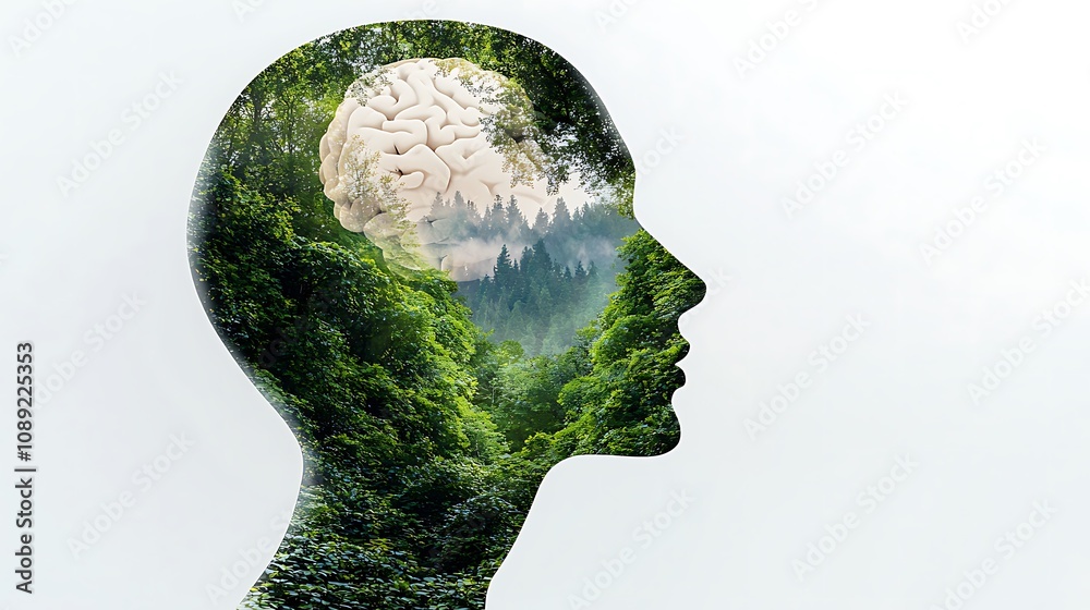 A serene image depicting a double exposure of lush green nature and a human head, symbolizing the peaceful connection between the mind and the natural world. A serene image depicting a double exposure of lush green nature and a human head, symbolizing the peaceful connection between the mind and the natural world.