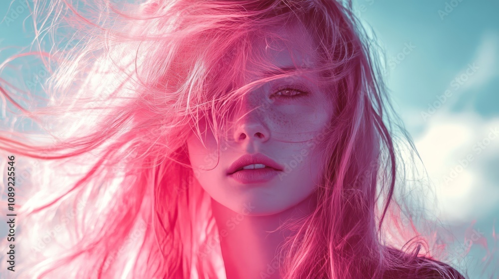 Woman with windblown pink hair. Woman with windblown pink hair.