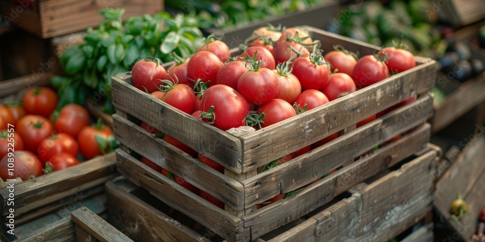 Fresh red tomatoes in a rustic wooden crate at a market stall. Organic farming and local produce concept. Fresh red tomatoes in a rustic wooden crate at a market stall. Organic farming and local produce concept.