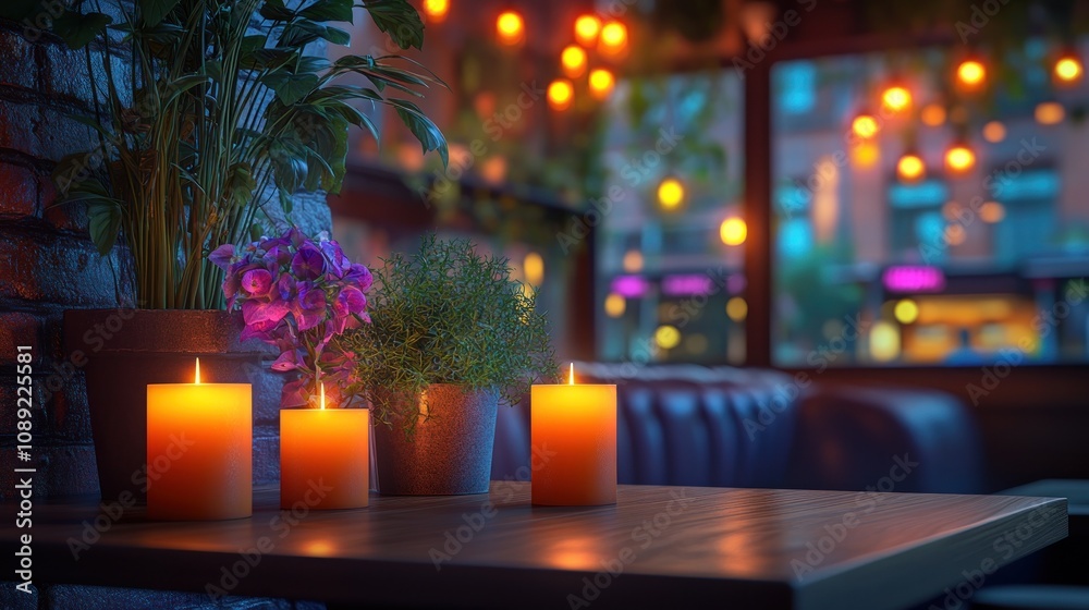 Cozy restaurant table with candles and plants at night. Cozy restaurant table with candles and plants at night.