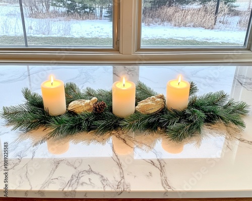 Detailed nativity scene with candles pine branches photo