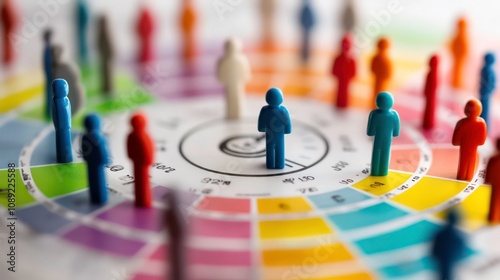 A group of colorful figurines representing a diverse community of people standing around a circular diagram. photo