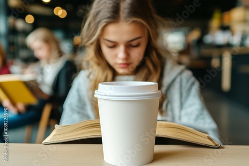 Blank White Coffee Cup on a Sunny Coffee Shop Table photo