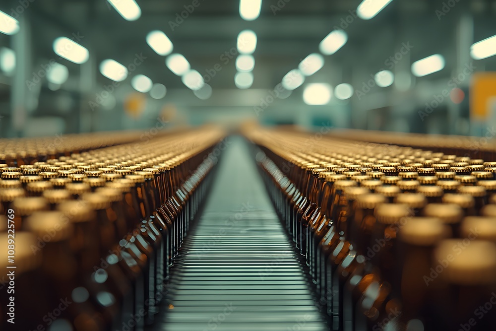 Fototapeta premium Inside the Beer Factory – Conveyor Belt Filled with Bottles, Brewery Production Line, and Industrial Beverage Manufacturing