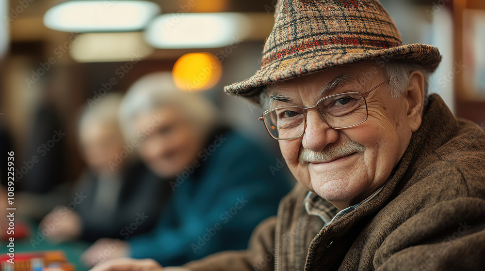 Friendly elderly man smiles while playing cards in a cozy gathering place with friends in autumn season. Generative AI Friendly elderly man smiles while playing cards in a cozy gathering place with friends in autumn season. Generative AI