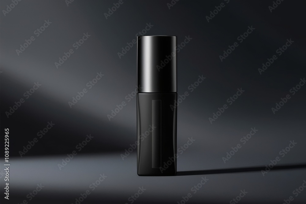A luxurious black matte foundation tube resting on a smooth arc of foundation, with a bold and shadowy backdrop A luxurious black matte foundation tube resting on a smooth arc of foundation, with a bold and shadowy backdrop