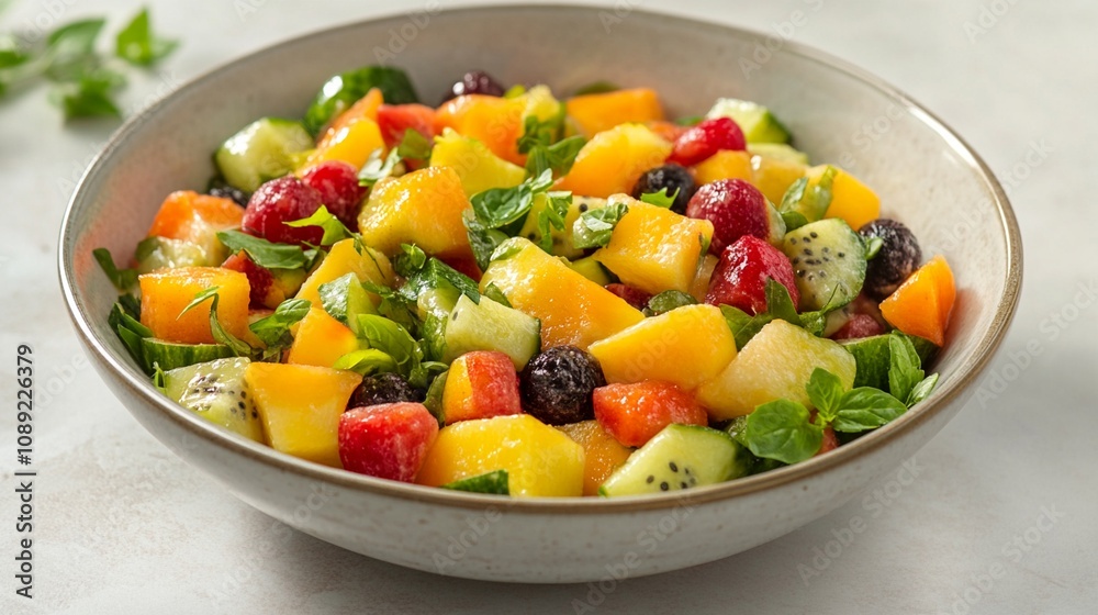 Vibrant fruit salad bursting with colorful cubes of mango, pineapple, and berries, garnished with fresh mint leaves in a white ceramic bowl on light surface. Vibrant fruit salad bursting with colorful cubes of mango, pineapple, and berries, garnished with fresh mint leaves in a white ceramic bowl on light surface.