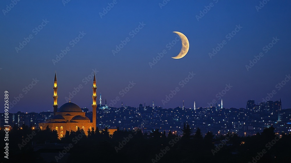 Naklejka premium Crescent moon over illuminated mosque and city at night.