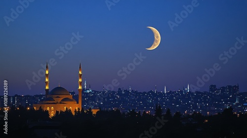 Crescent moon over illuminated mosque and city at night. photo