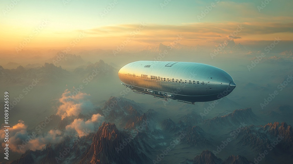 a massive sleek and modern luxury flying zeppelin flying above the vast mountainous deserts a massive sleek and modern luxury flying zeppelin flying above the vast mountainous deserts