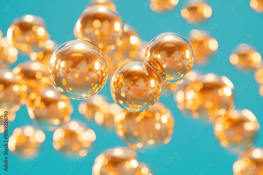 golden bubbles floating in the air with a blue background golden bubbles floating in the air with a blue background