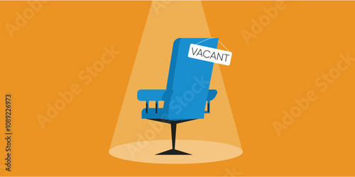 Office chair with "Vacant" sign under spotlight on a orange background. Job vacancy concept