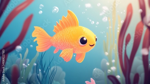 Cute Cartoon Goldfish Swimming in Blue Water