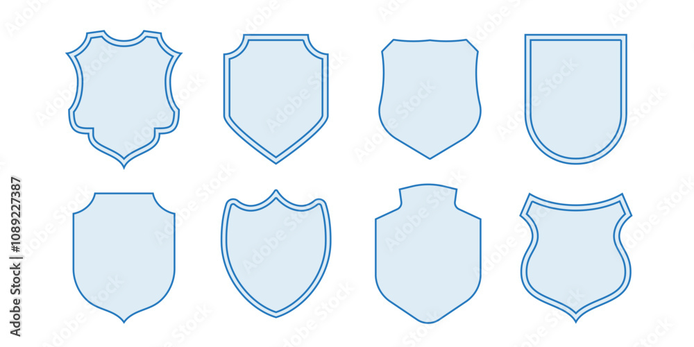 Set of blue shield frames with different shapes and outlines. Vector illustration on a white background Set of blue shield frames with different shapes and outlines. Vector illustration on a white background