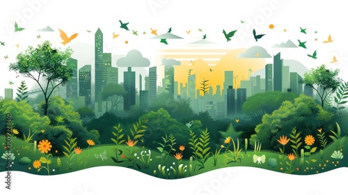 Cityscape with Lush Greenery and Birds in Flight