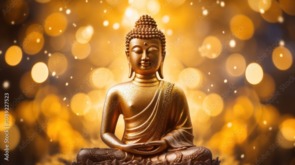 photograph of Golden Buddha statue surrounded by shimmering lights on a bright background. photograph of Golden Buddha statue surrounded by shimmering lights on a bright background.