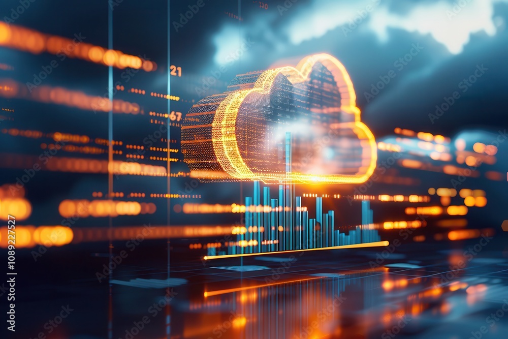 Obraz premium A glowing digital cloud icon with data analytics graphs and futuristic elements, symbolizing cloud computing and modern technology.