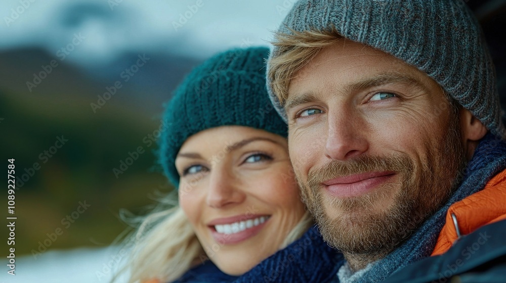 Cozy Couple Embracing on Snowy Mountain Peak During Scenic Winter Hike Loving affectionate partners enjoying time together in beautiful serene outdoor landscape Cozy Couple Embracing on Snowy Mountain Peak During Scenic Winter Hike Loving affectionate partners enjoying time together in beautiful serene outdoor landscape