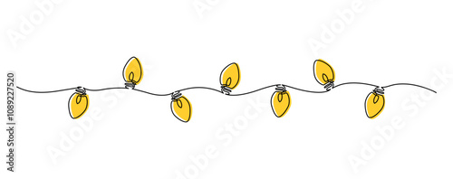 Hand drawn continuous one line icon Christmas garland with light bulbs. Glowing festoon border light single line vector illustration in doodle style for celebration, festival, carnival, xmas, new year
