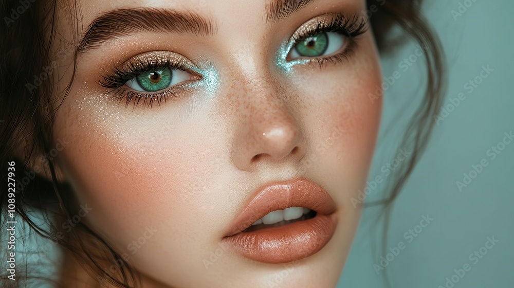 A captivating gaze from a model with vibrant green eyes and perfectly arched brows. Her lips are adorned with subtle beige lipstick and her eyeshadow shimmers with shades of blue A captivating gaze from a model with vibrant green eyes and perfectly arched brows. Her lips are adorned with subtle beige lipstick and her eyeshadow shimmers with shades of blue